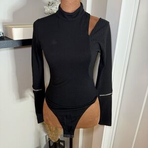 Maniere De Voir Black Asymmetric Cutout Bodysuit